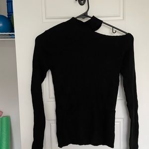 Black off shoulder turtle neck cut out fitted long sleeve shirt
